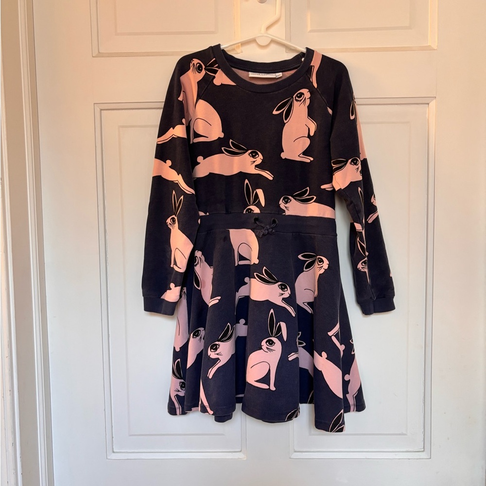 Mini Rodini Organic Cotton Gray and Pink Bunny Dress